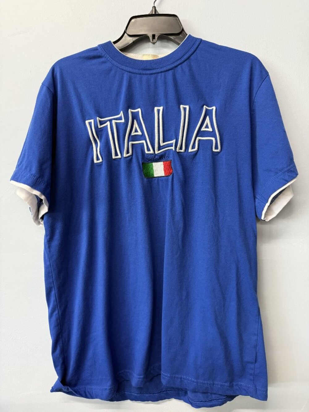 Vintage Italia Graphic T-Shirt Blue With Embroidered Flag Mens Large